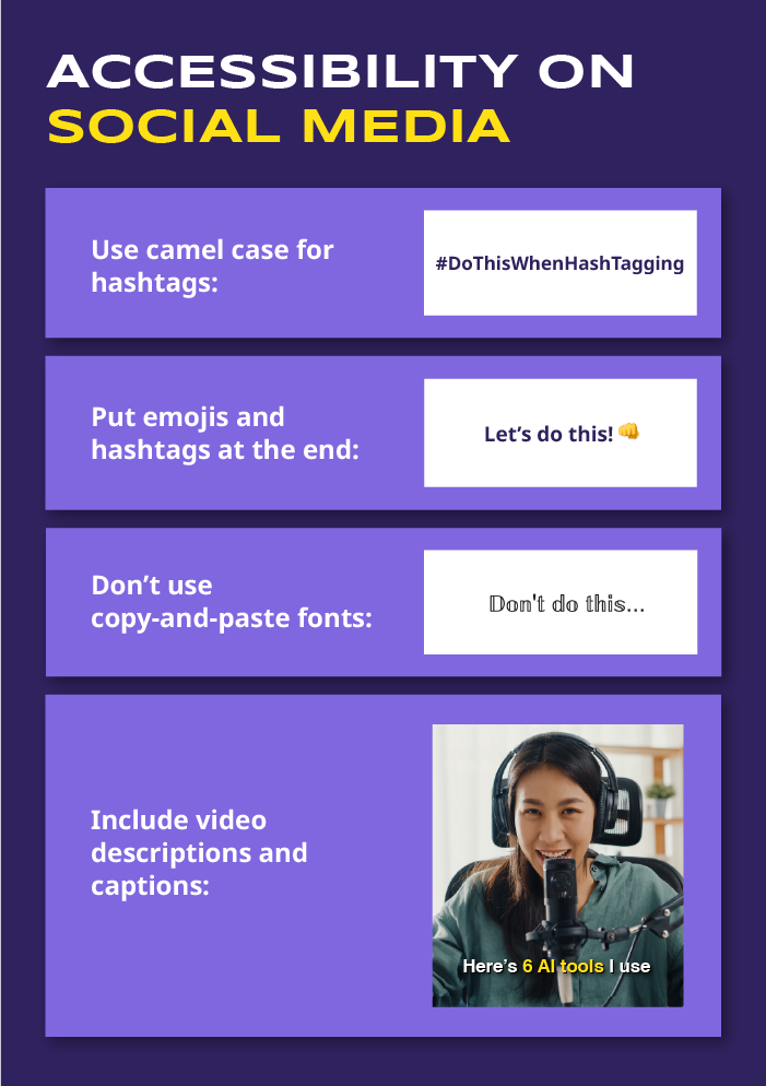 A designed graphic titled "Accessibility on Social Media" that includes tips about camel case text, emojis, avoiding copy-and-paste fonts, and including captions.